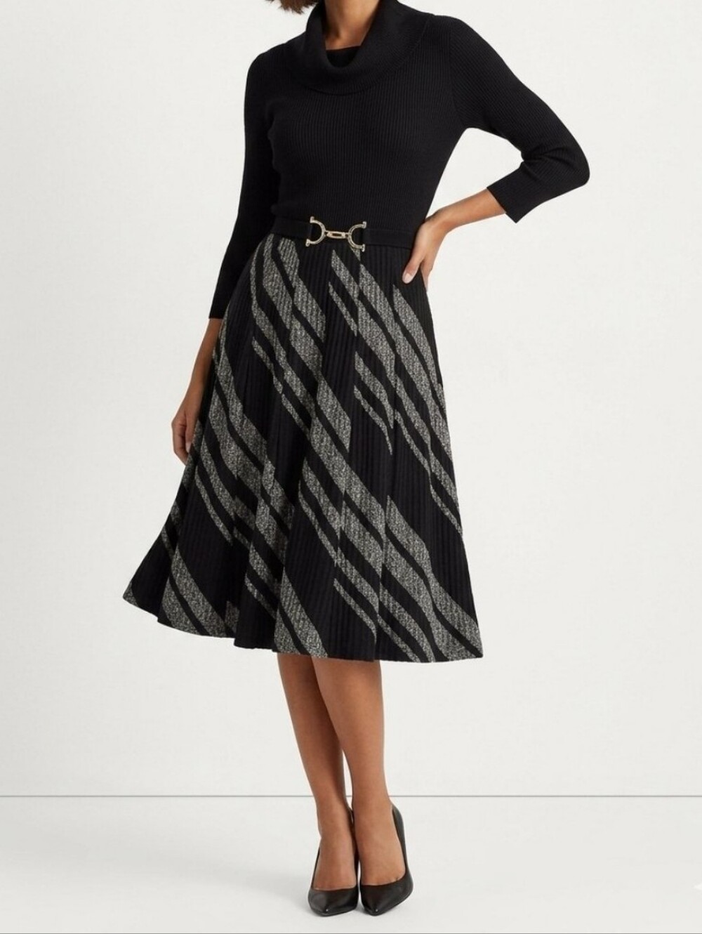 Dress Barn Womens Cowl Neck Sweater Dress Knit Black Gray 3/4 Sleeve Sz S
